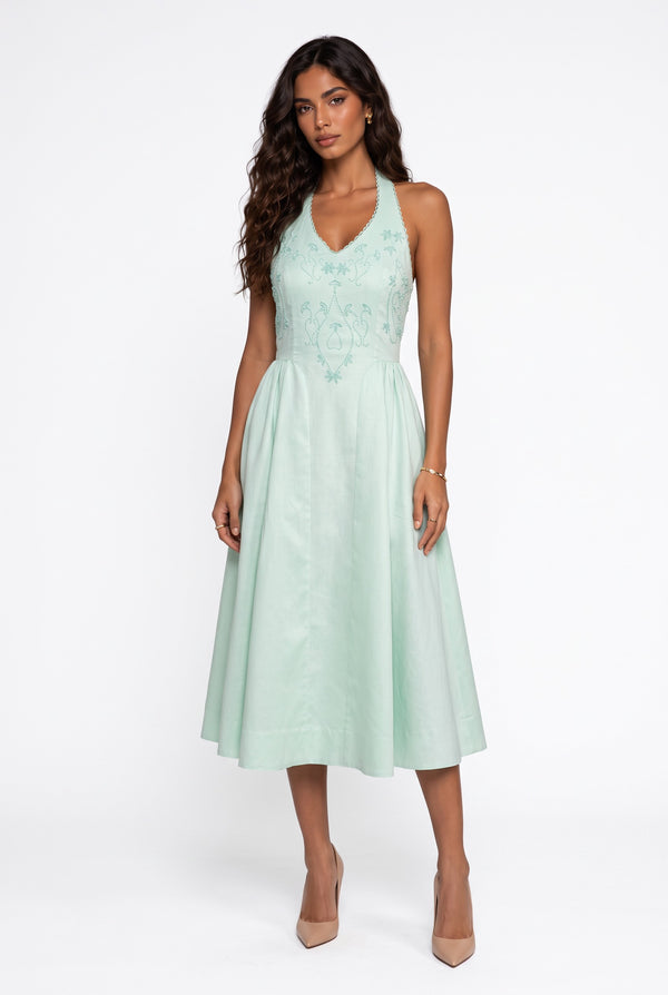 Halter Neck Lace Detail Midi Dress Mint