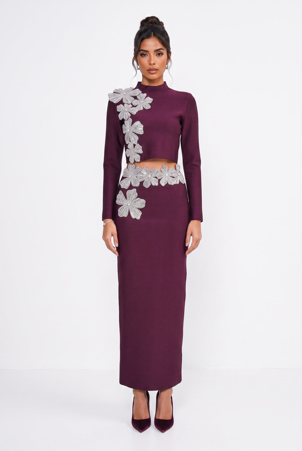Stone-Embellished Long-Sleeved Two-Piece Evening Suit Burgundy