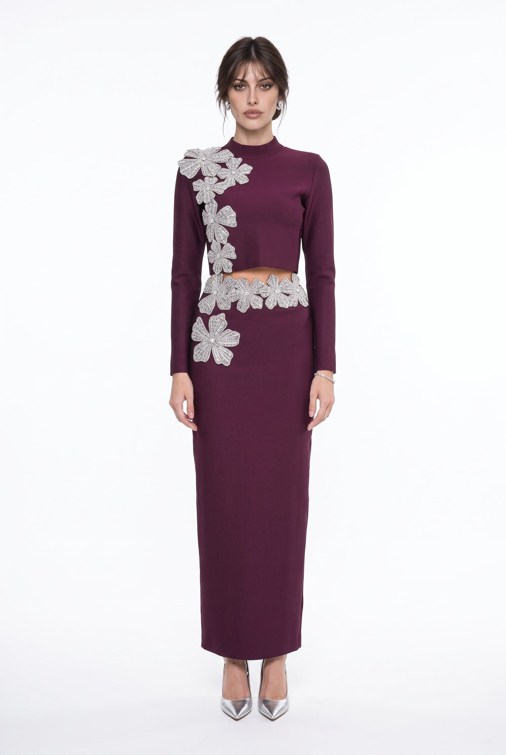 Stone-Embellished Long-Sleeved Two-Piece Evening Suit Burgundy