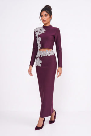 Stone-Embellished Long-Sleeved Two-Piece Evening Suit Burgundy