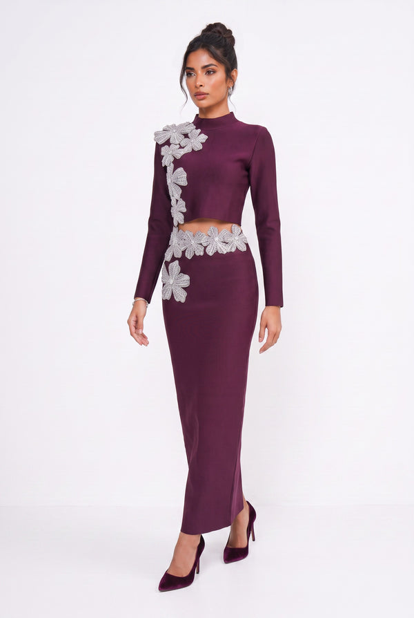 Stone-Embellished Long-Sleeved Two-Piece Evening Suit Burgundy