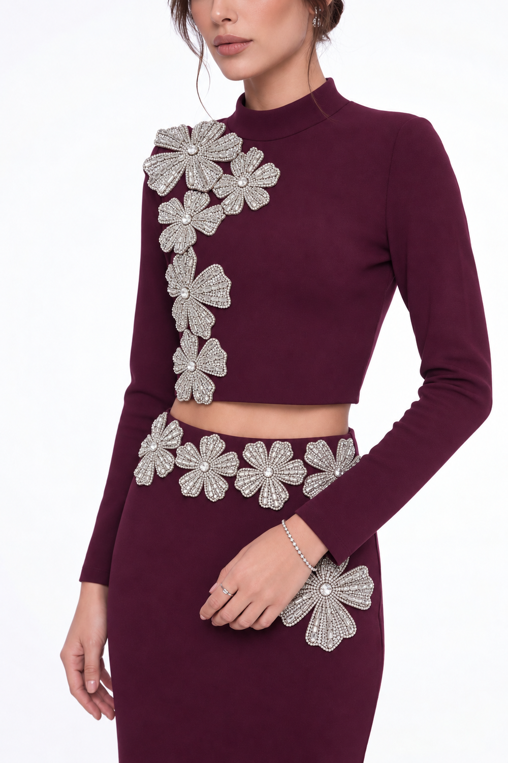 Stone-Embellished Long-Sleeved Two-Piece Evening Suit Burgundy