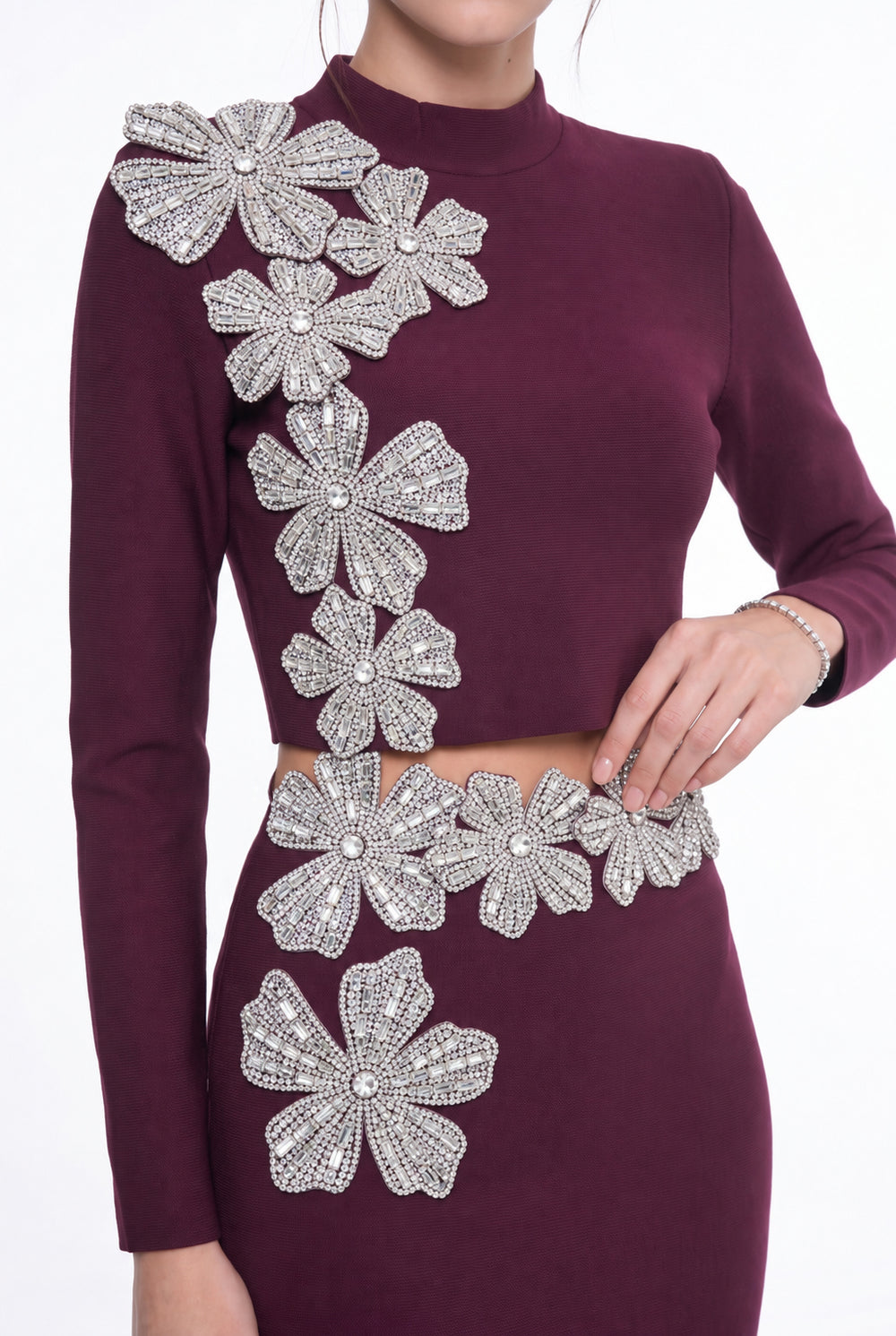 Stone-Embellished Long-Sleeved Two-Piece Evening Suit Burgundy