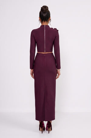 Stone-Embellished Long-Sleeved Two-Piece Evening Suit Burgundy