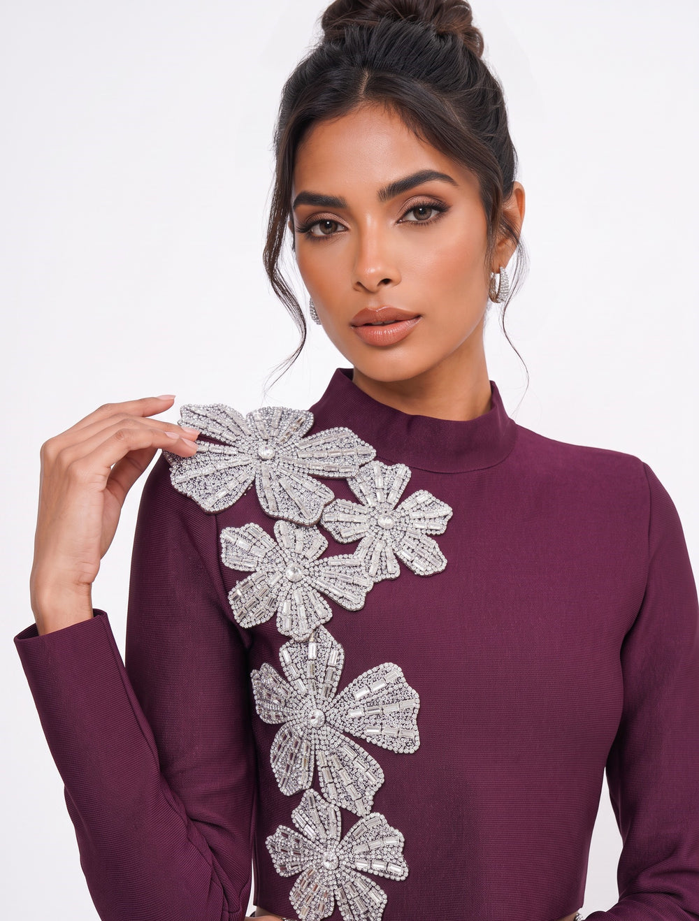 Stone-Embellished Long-Sleeved Two-Piece Evening Suit Burgundy