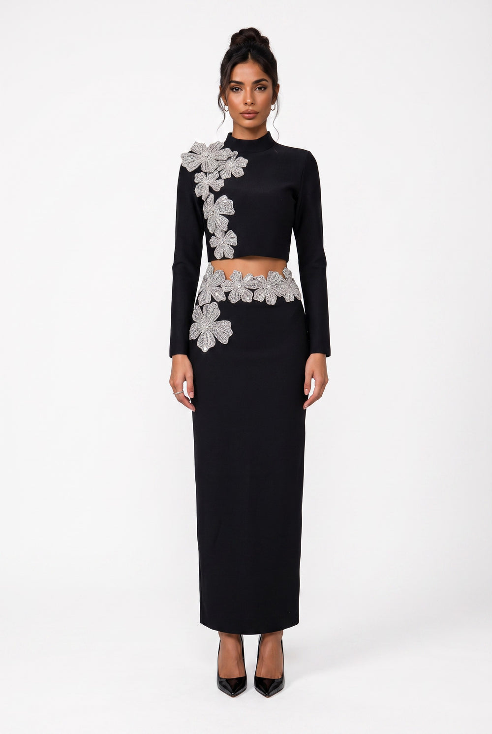 Stone-Embellished Long-Sleeved Two-Piece Evening Gown Set Black