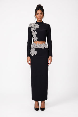 Stone-Embellished Long-Sleeved Two-Piece Evening Gown Set Black