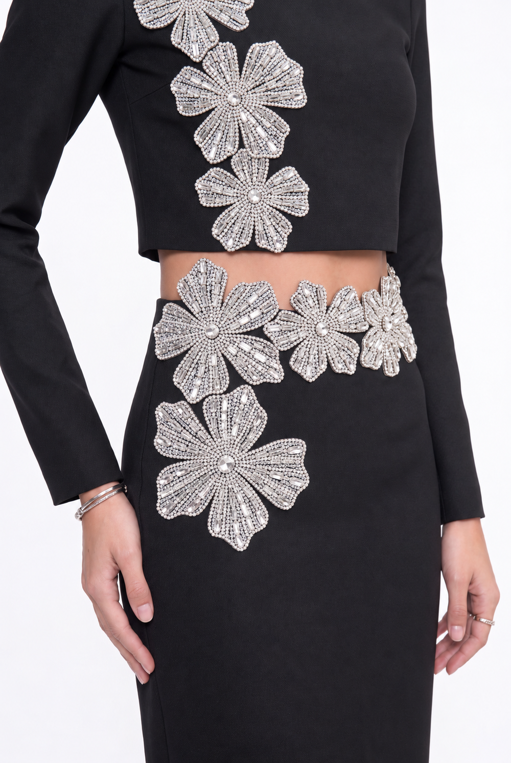 Stone-Embellished Long-Sleeved Two-Piece Evening Gown Set Black