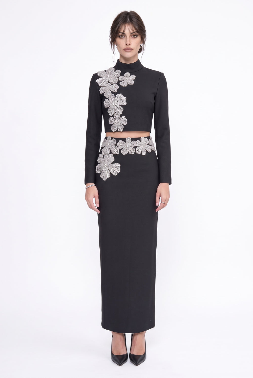 Stone-Embellished Long-Sleeved Two-Piece Evening Gown Set Black