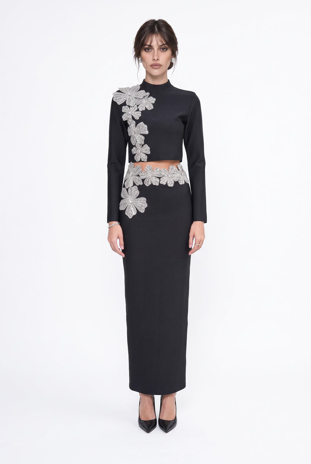 Stone-Embellished Long-Sleeved Two-Piece Evening Gown Set Black