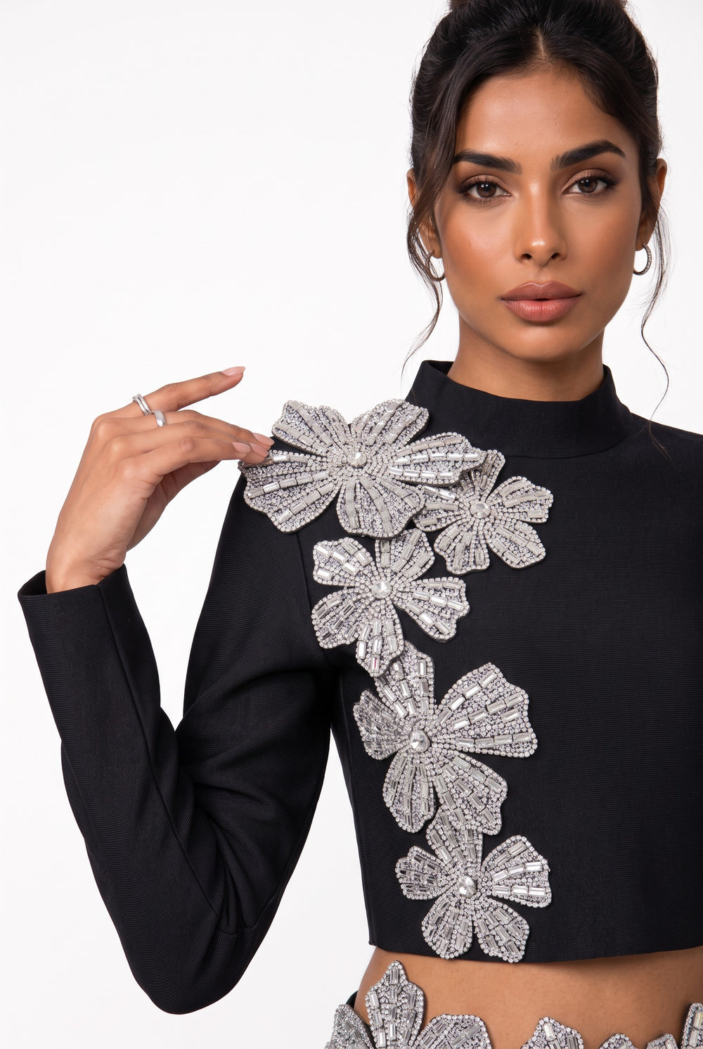 Stone-Embellished Long-Sleeved Two-Piece Evening Gown Set Black