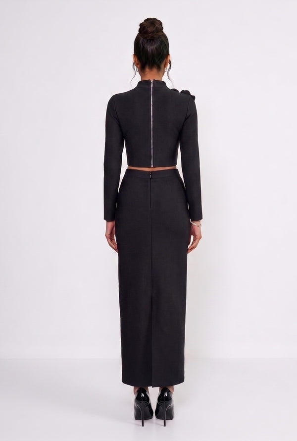 Stone-Embellished Long-Sleeved Two-Piece Evening Gown Set Black