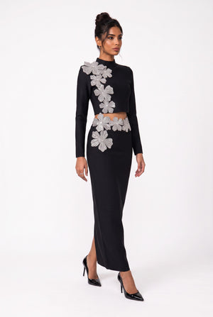Stone-Embellished Long-Sleeved Two-Piece Evening Gown Set Black