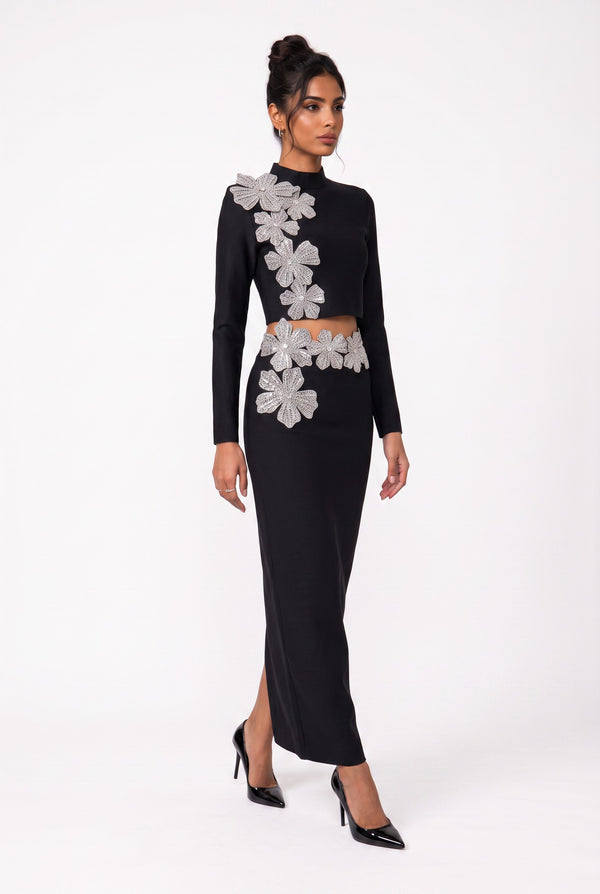 Stone-Embellished Long-Sleeved Two-Piece Evening Gown Set Black