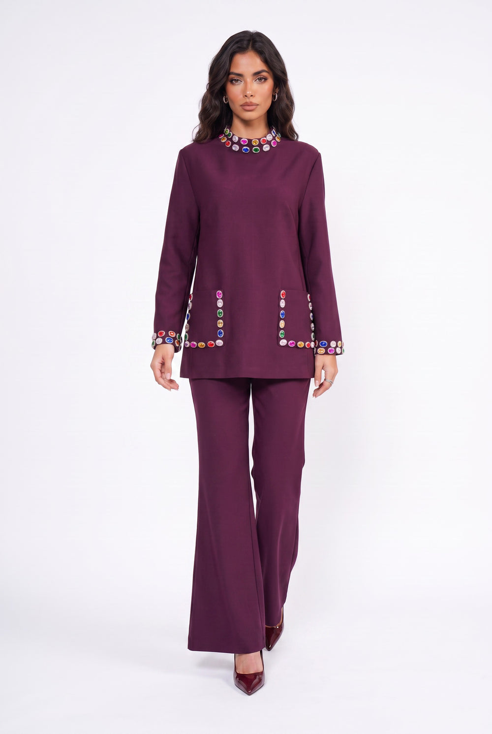 Stand-up Collar Pocketed and Colored Stone Embellished Tunic and Pants Set Burgundy