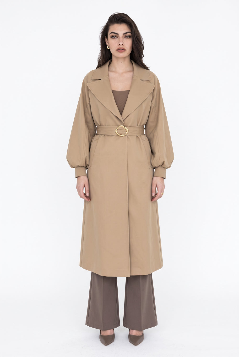 Kruvaze Kesim Uzun Trençkot Camel