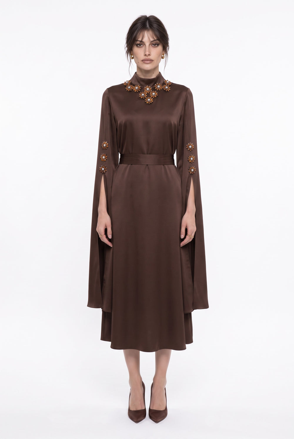 High Neck Beaded and Stone Embellished Long Sleeve Evening Dress Brown