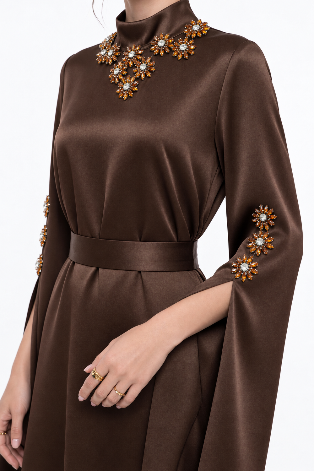 High Neck Beaded and Stone Embellished Long Sleeve Evening Dress Brown
