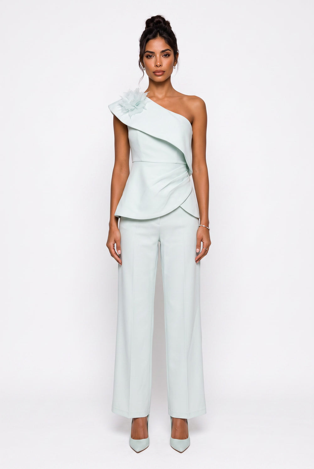 Mint Asymmetric Blouse and Trousers Set with One-Shoulder Floral Detail