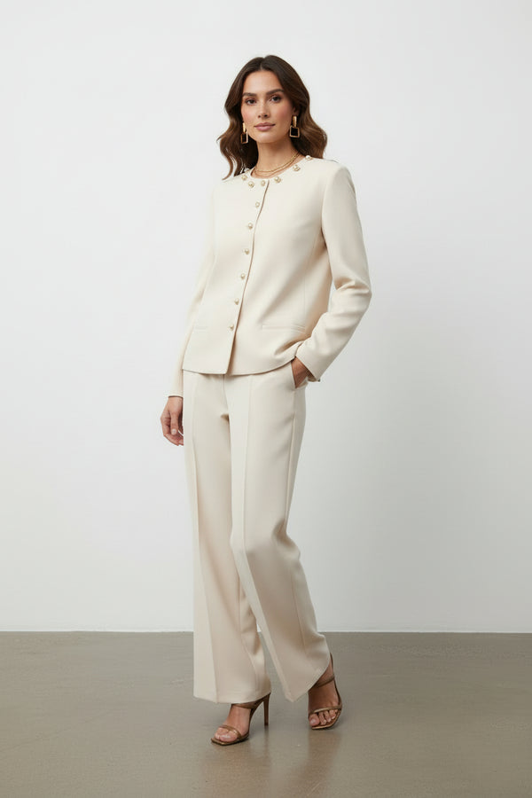 Gold Düğmeli Blazer & Bol Paça Pantolon Takım