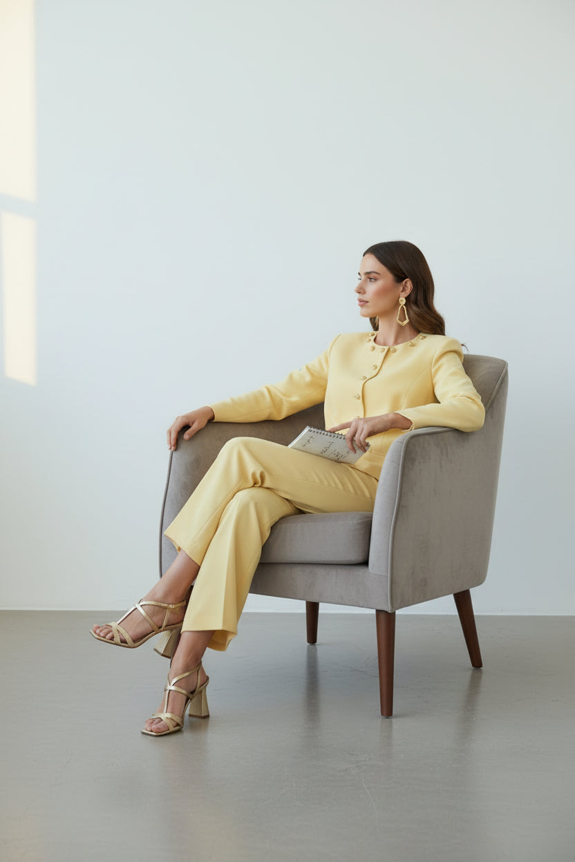 Gold Düğmeli Blazer & Bol Paça Pantolon Takım - görsel 1