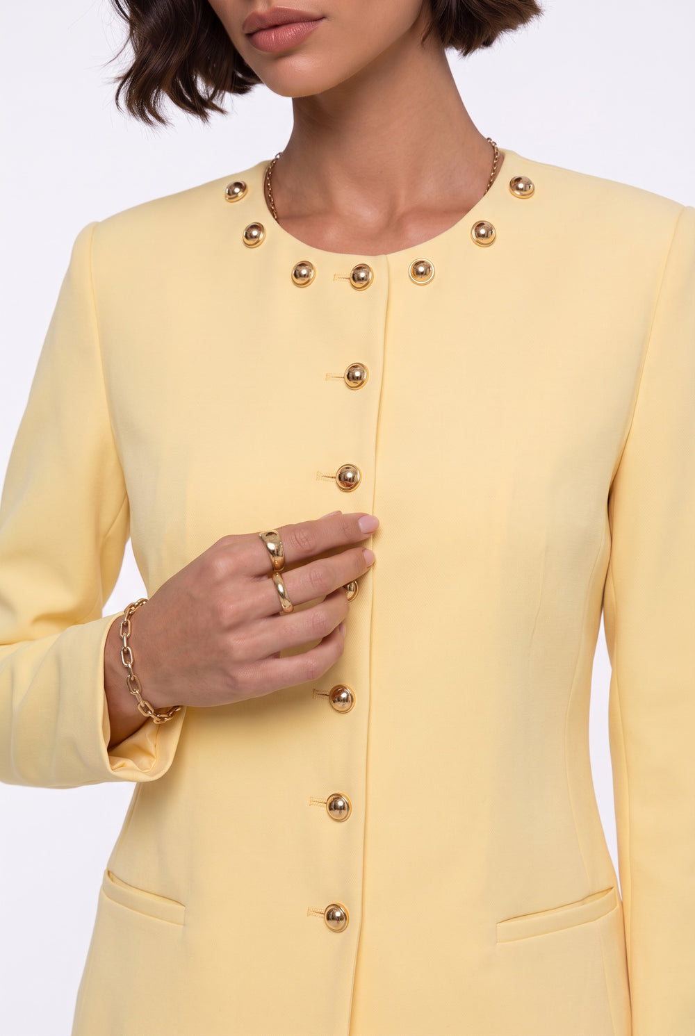 Gold Düğmeli Blazer & Bol Paça Pantolon Takım Sarı