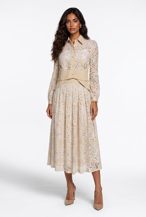 Embroidered Shirt and Skirt Set Beige