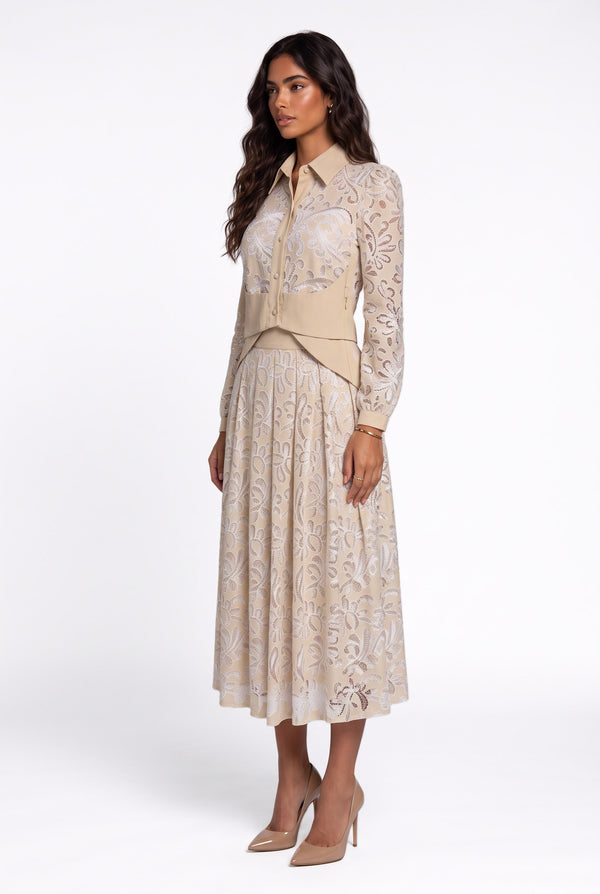 Embroidered Shirt and Skirt Set Beige