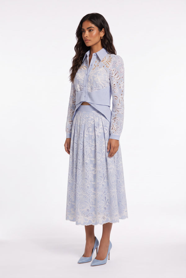 Embroidered Shirt and Skirt Set Blue