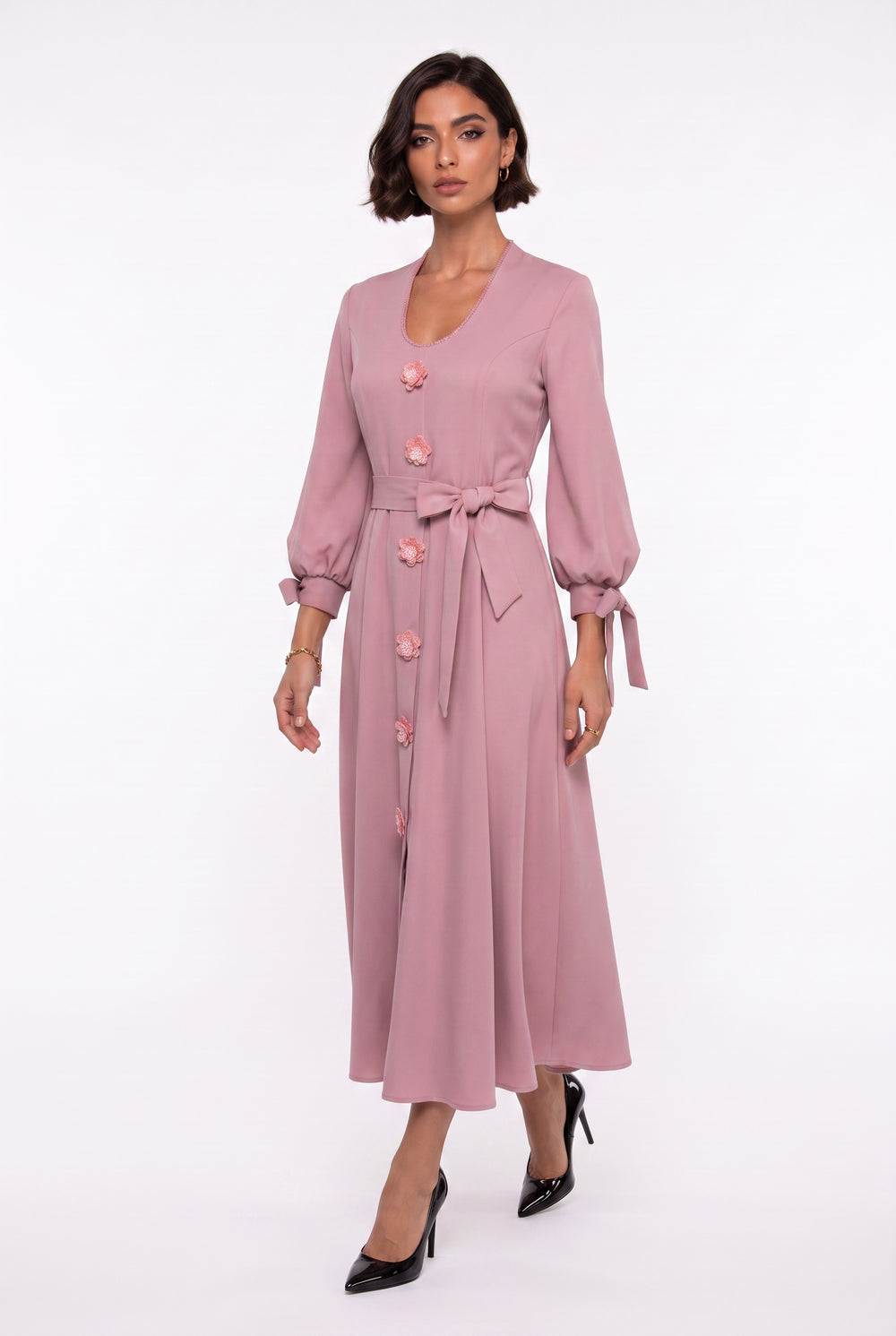 A-Line Midi Dress with Belt Detail Powder
