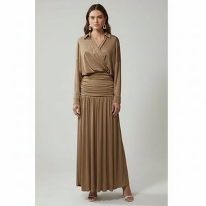 Bel Büzgülü Dökümlü Maxi Elbise