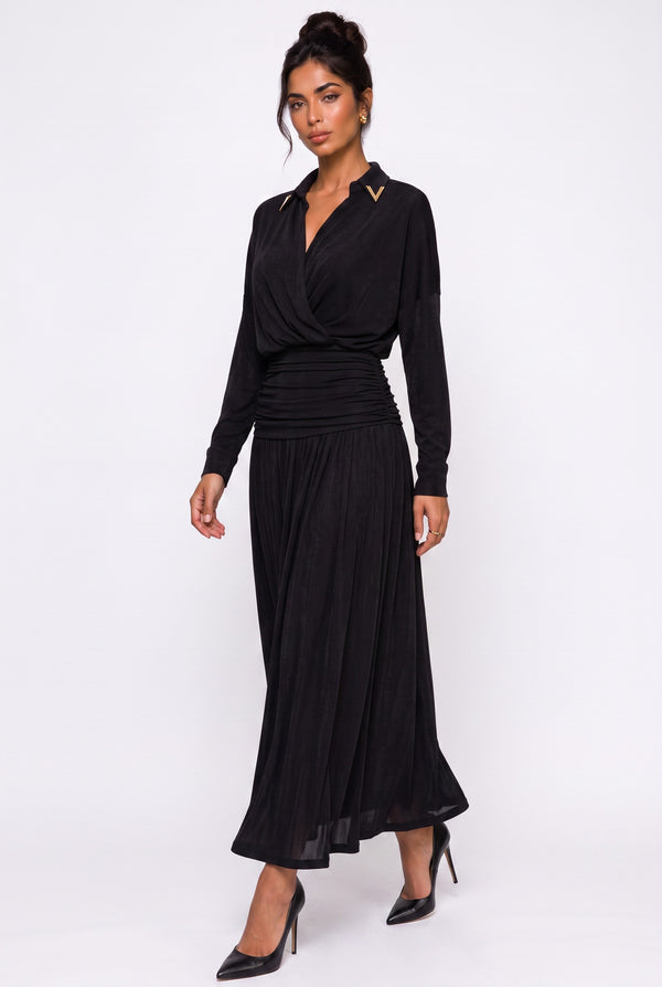 Black Elastic Waist Flowy Maxi Dress