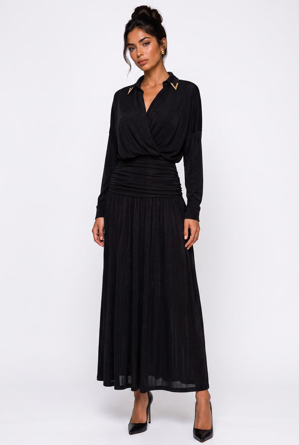 Black Elastic Waist Flowy Maxi Dress