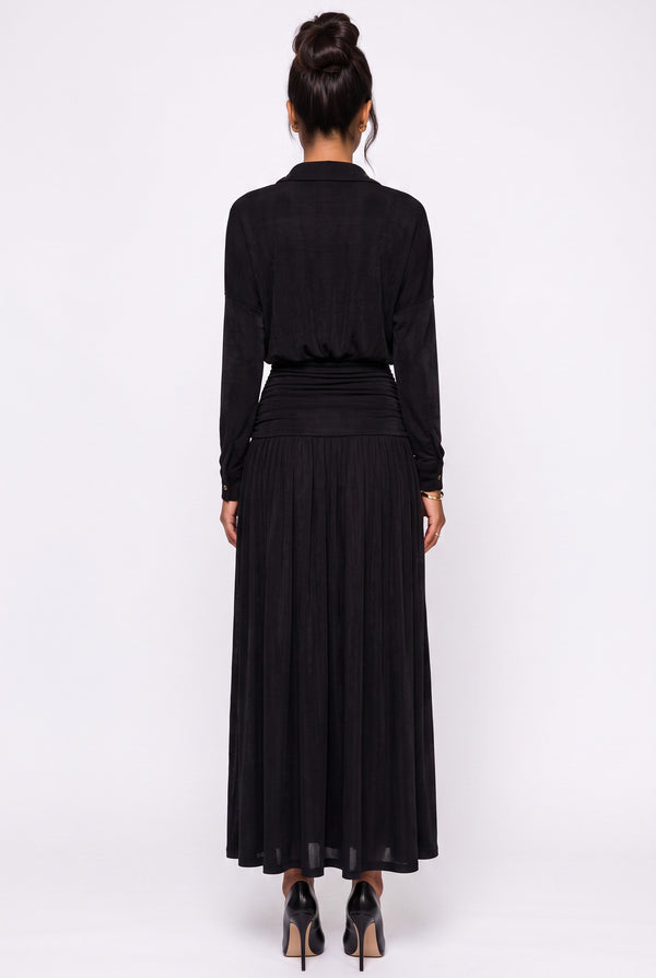 Black Elastic Waist Flowy Maxi Dress