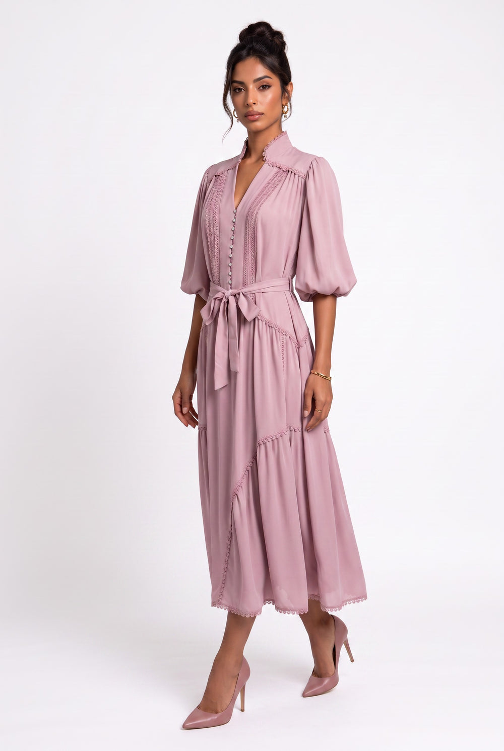 Mandarin Collar Balloon Sleeve Belted Dress Powder