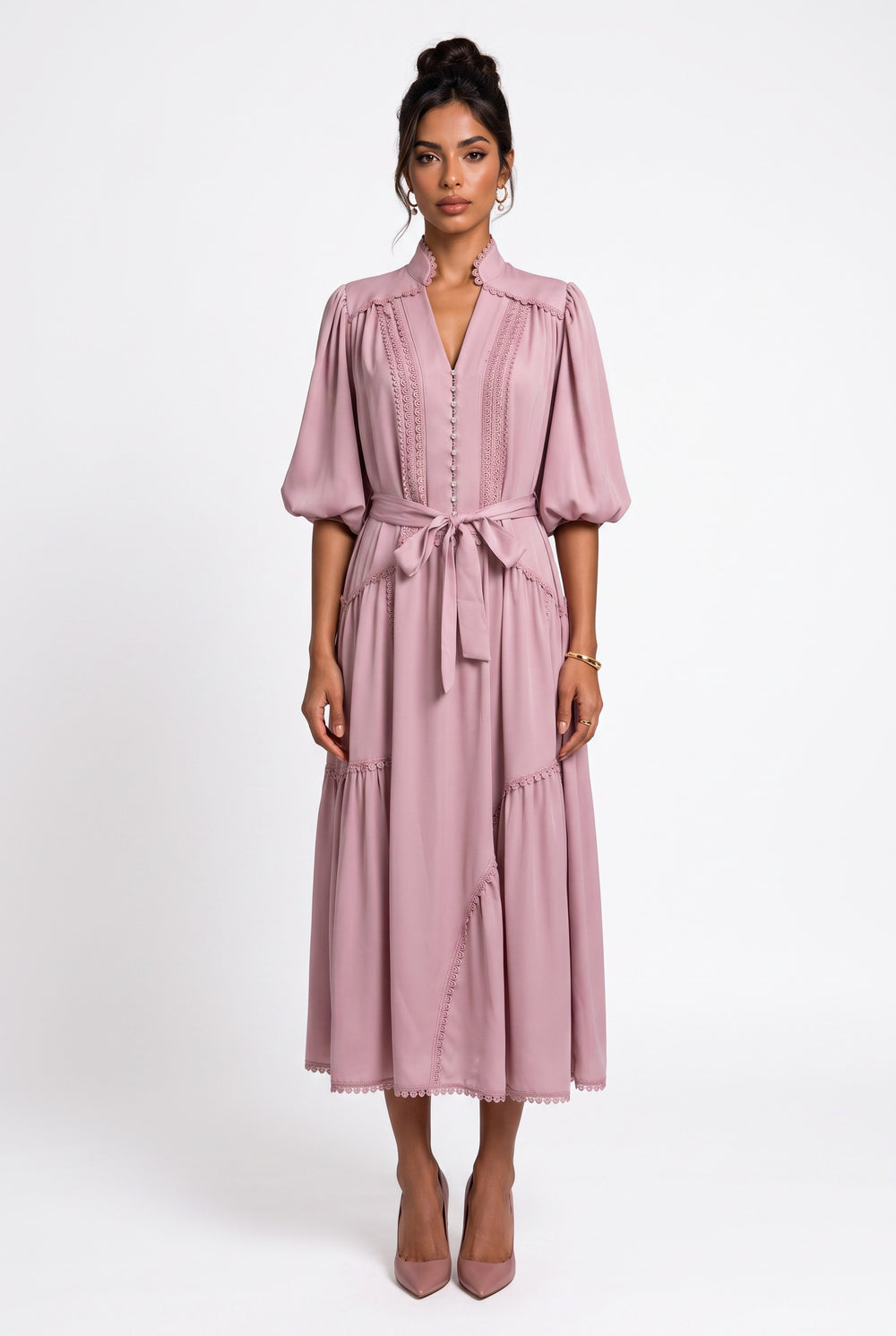Mandarin Collar Balloon Sleeve Belted Dress Powder