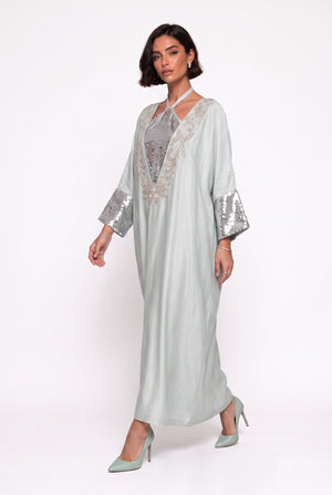 Batwing Sleeve Sequin Embellished Long Evening Dress Mint