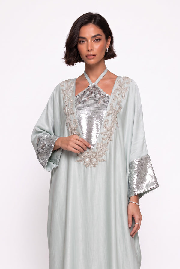 Batwing Sleeve Sequin Embellished Long Evening Dress Mint