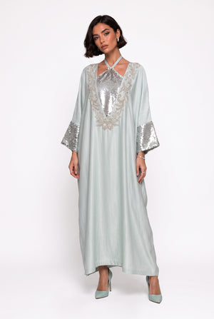 Batwing Sleeve Sequin Embellished Long Evening Dress Mint