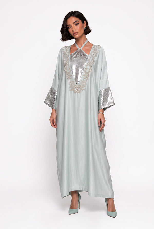 Batwing Sleeve Sequin Embellished Long Evening Dress Mint