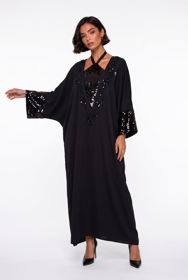 Black Sequin-Embellished Long Evening Dress with Batwing Sleeves