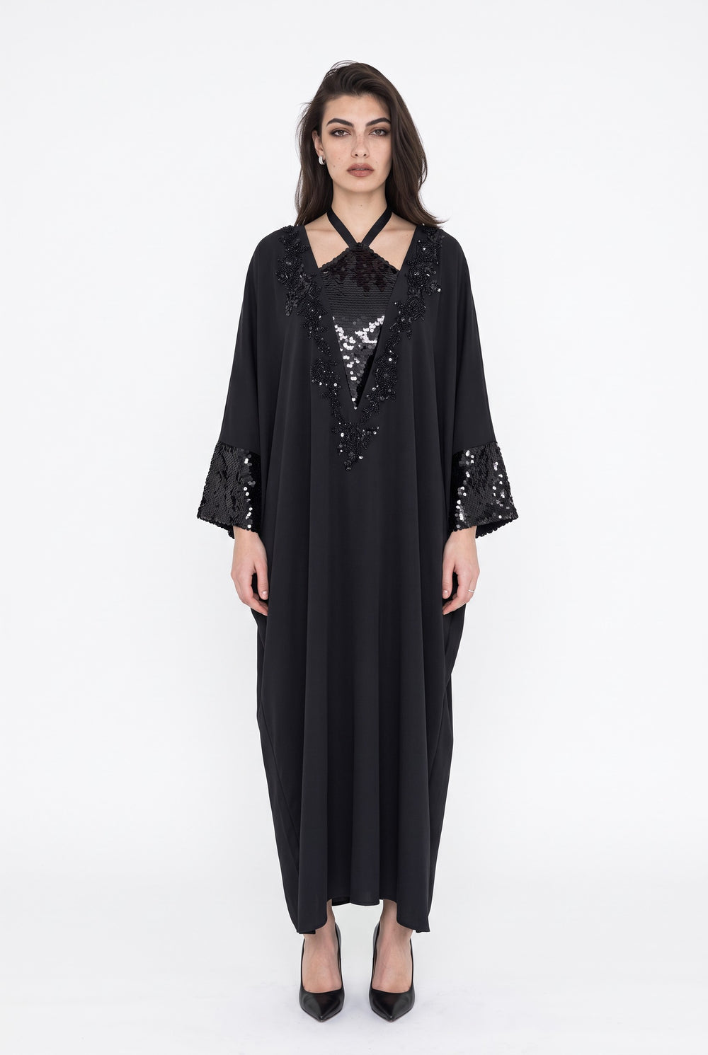 Black Sequin-Embellished Long Evening Dress with Batwing Sleeves