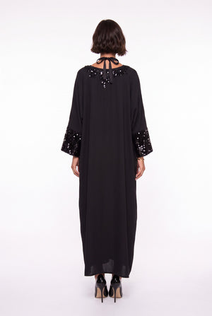 Black Sequin-Embellished Long Evening Dress with Batwing Sleeves