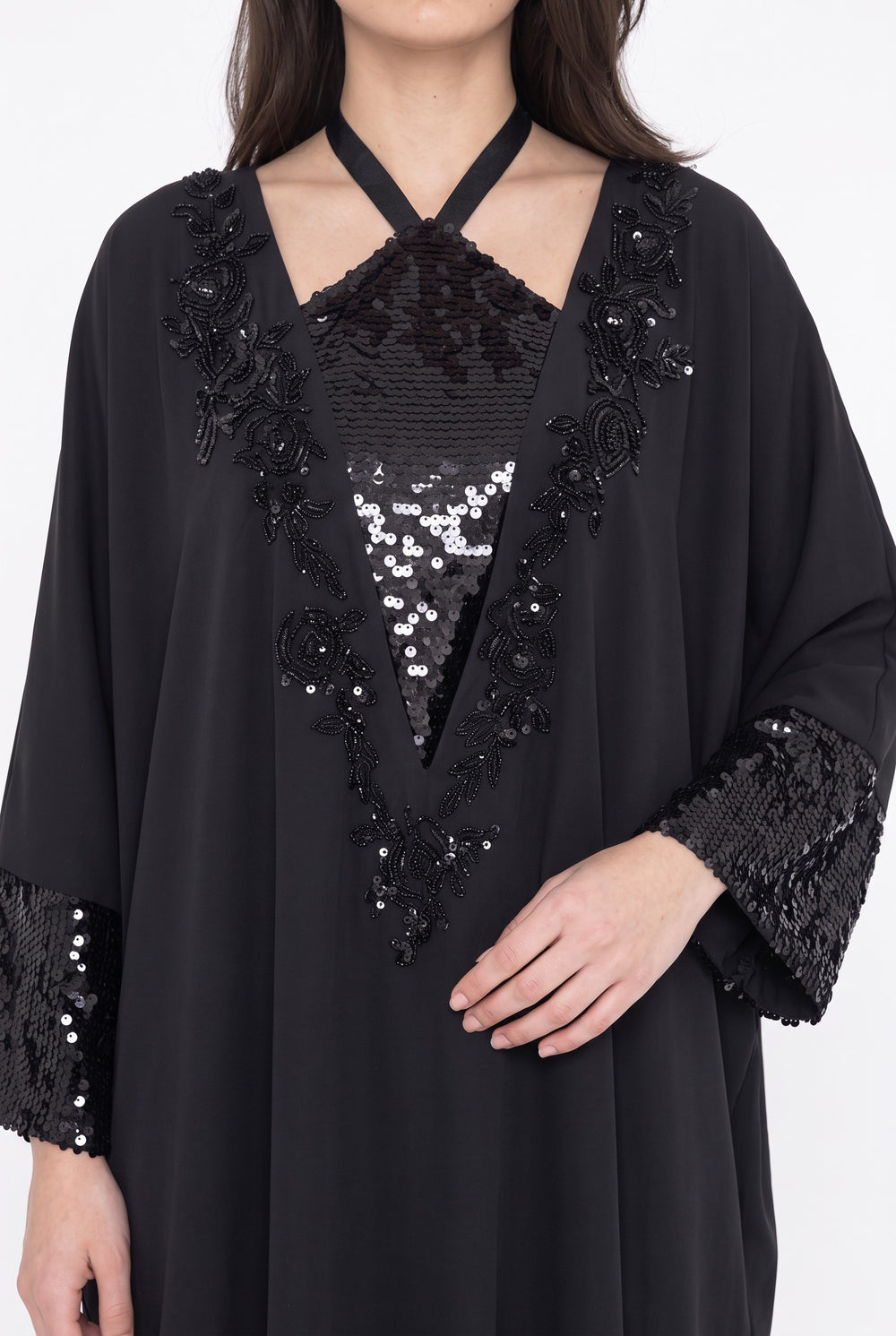 Black Sequin-Embellished Long Evening Dress with Batwing Sleeves
