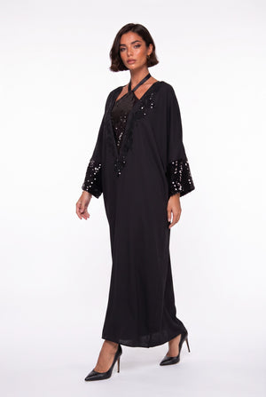 Black Sequin-Embellished Long Evening Dress with Batwing Sleeves