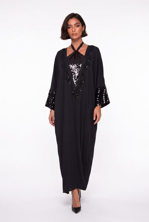 Black Sequin-Embellished Long Evening Dress with Batwing Sleeves