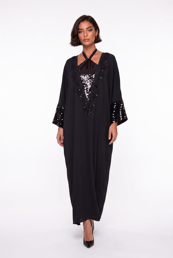 Black Sequin-Embellished Long Evening Dress with Batwing Sleeves