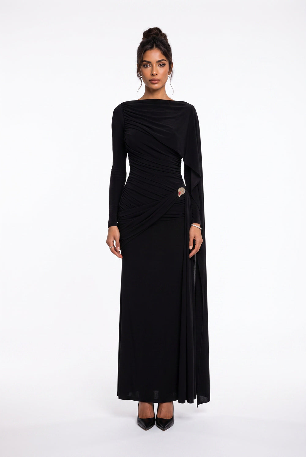 Draped Shoulder Long Sleeve Black Evening Dress