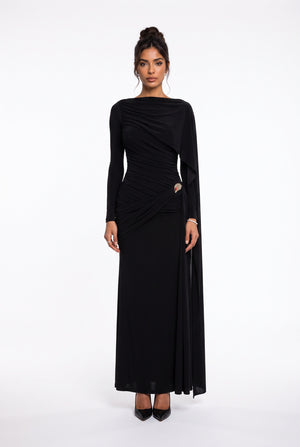 Draped Shoulder Long Sleeve Black Evening Dress
