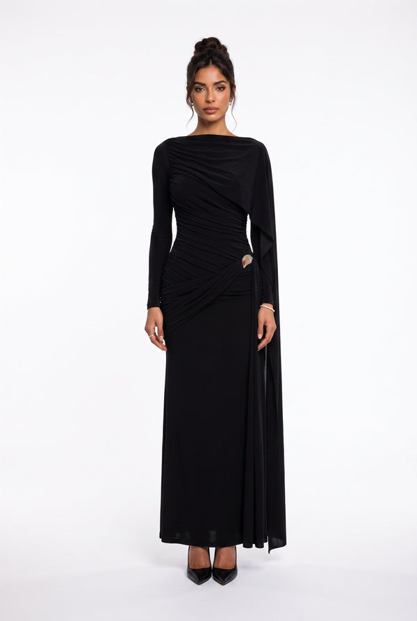 Draped Shoulder Long Sleeve Black Evening Dress